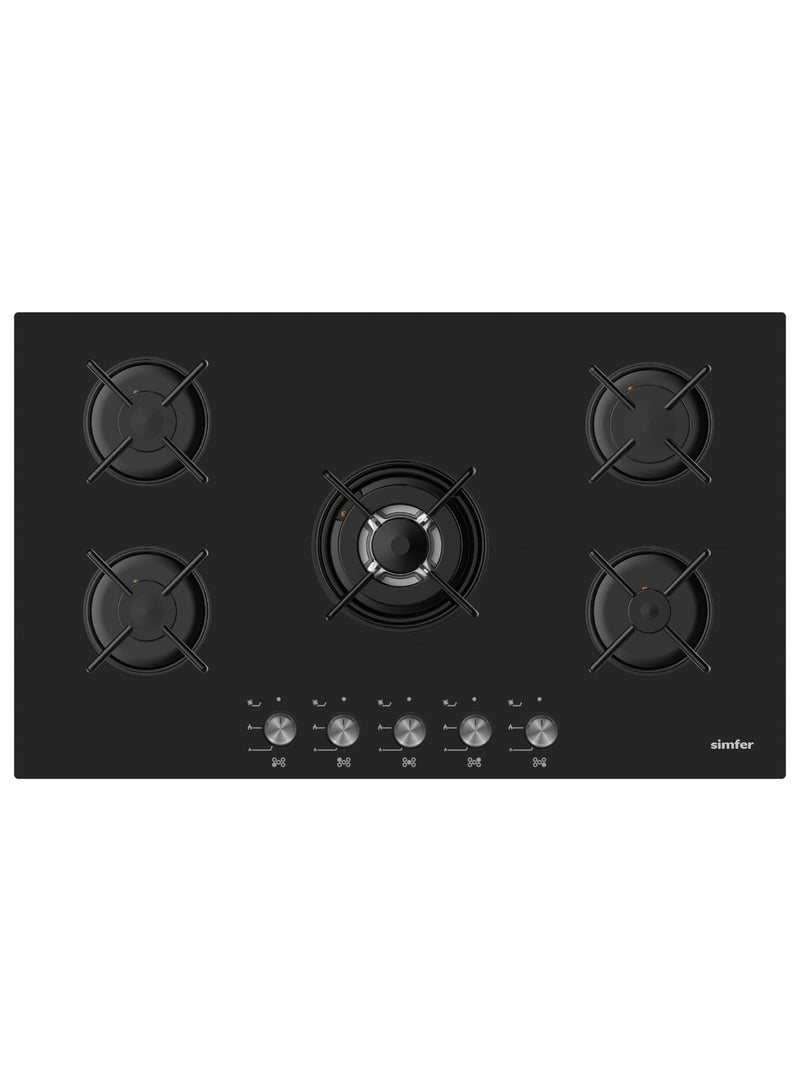Simfer Built-In Gas Hob 90 cm Black Glass, 5 Sabaf Burners, Front Control Knobs, Round Cast Iron Pan Supports, Auto Ignition, Full Safety – Model BH90GG01 - Image 1